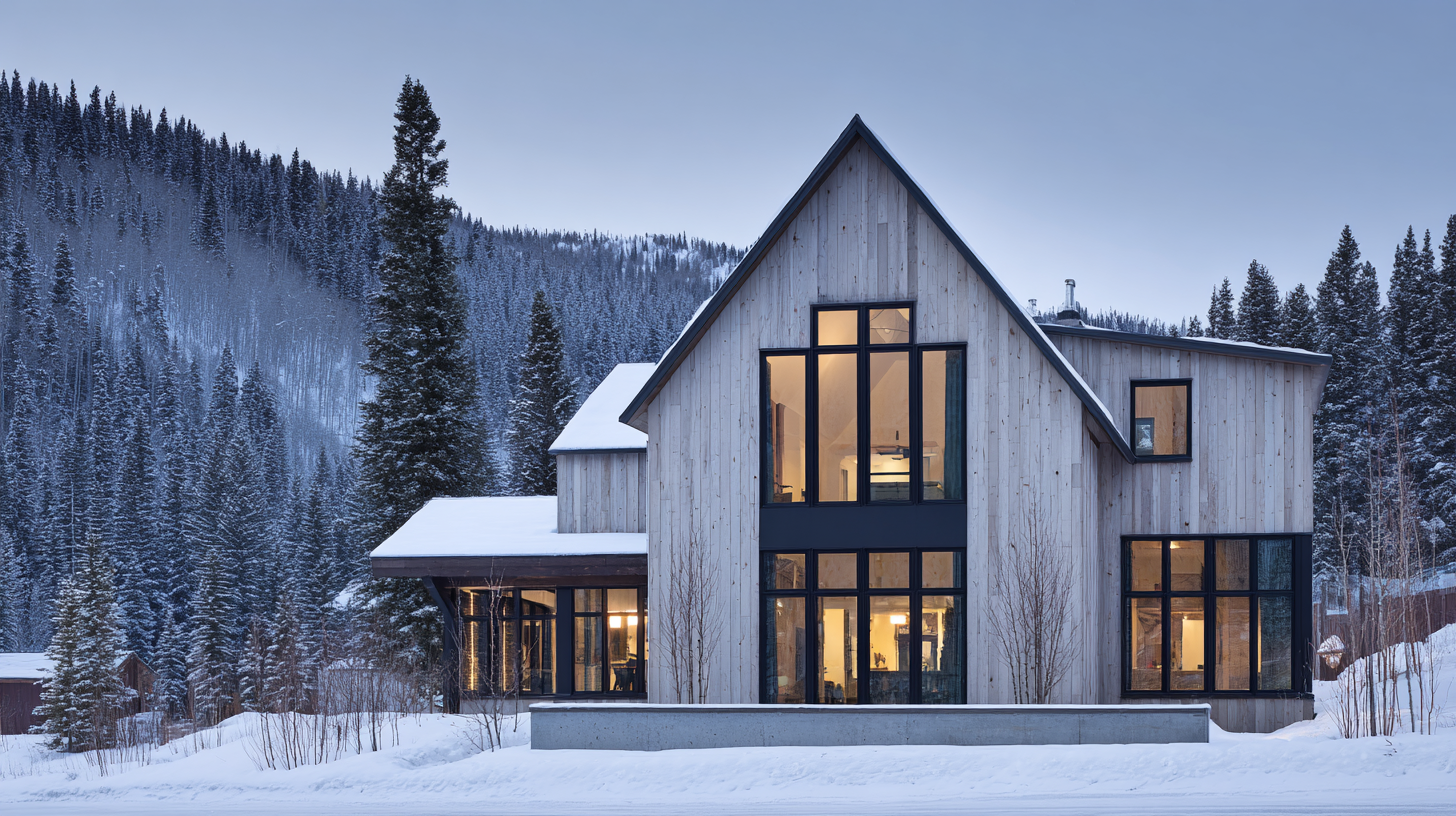 Chinook Ridge Cabin in Whitefish — a Craft Builders custom home with a steep pale-cedar gable and tall black steel windows glowing warmly at dusk against a timbered Northwest Montana hillside dusted with fresh winter snow.