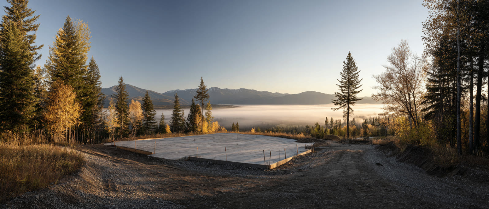 A poured foundation on a Flathead Valley building site at dawn, a gravel access drive curving into golden autumn larch with fog blanketing the valley below and forested Northwest Montana ridgelines beyond.